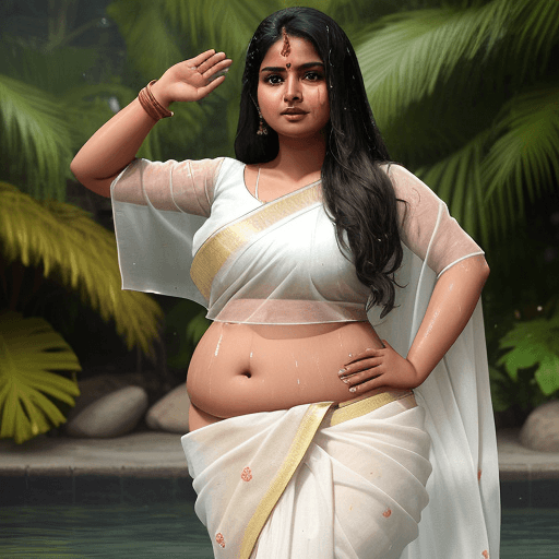 AI generated: an Indian woman in wet saree, white  blouse, with chubby body structure, natural colors,