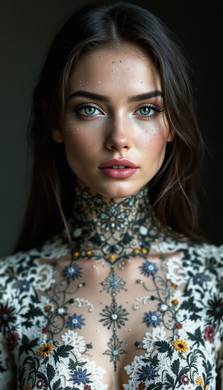 AI generated: the whole face, shoulders and chest are pierced with openwork threads in the style of Ukrainian nati...