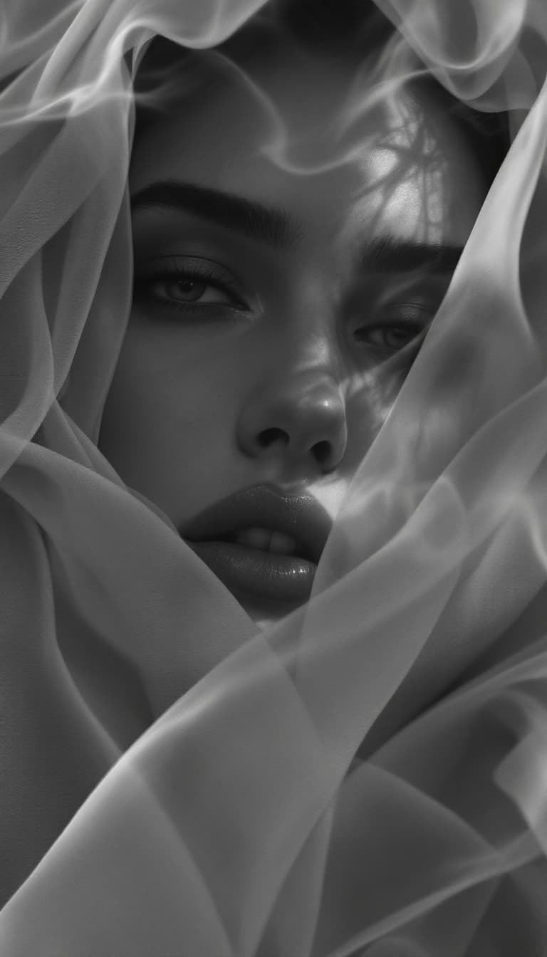 AI generated: neo-noir portrait study, silver halide gradients, dramatic shadow cascades, smoke-like fabric flows,...