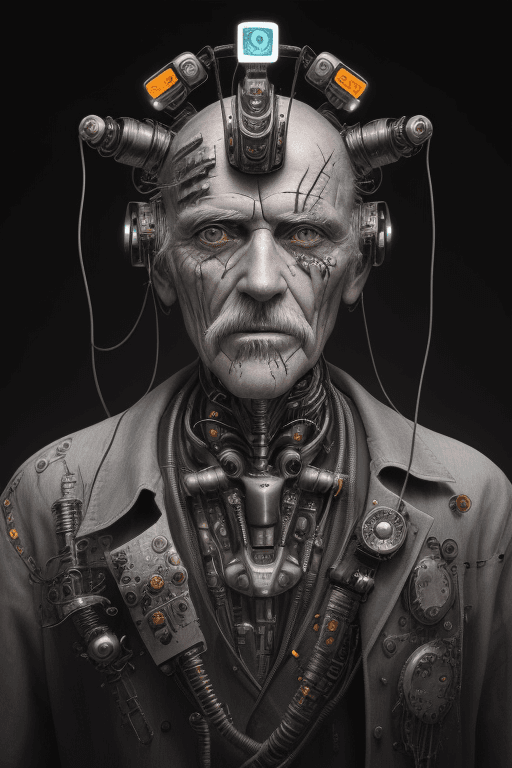 AI generated: The image features a 100 years very old man with a unique appearance, wearing a headpiece that resem...