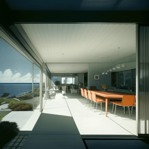 AI generated: Hyper realistic eye level exterior photo of a mid century modern style house overlooking the ocean, ...