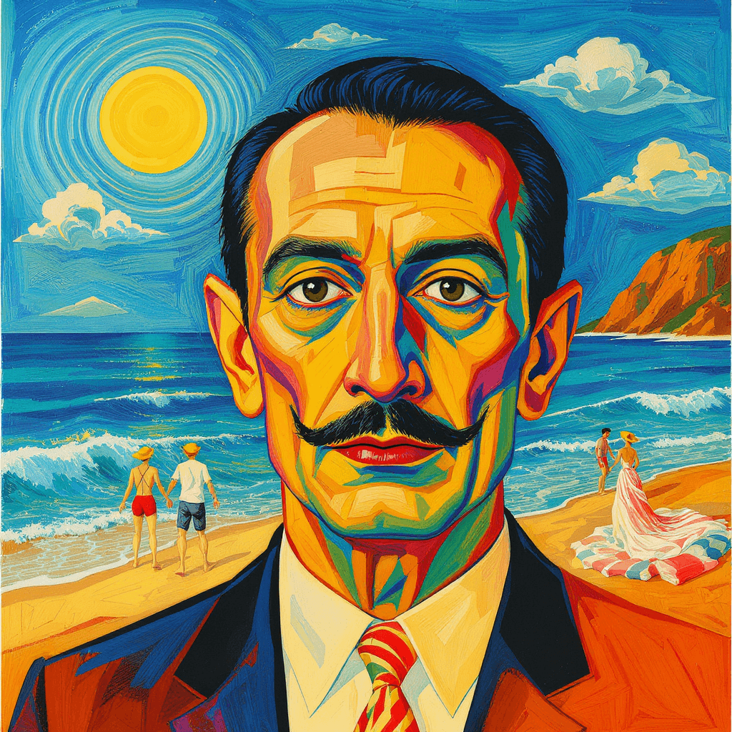 AI generated: dessin animé avec un visage coloré entouré de la plage et la mer , dans le style de Dali, formes cub...