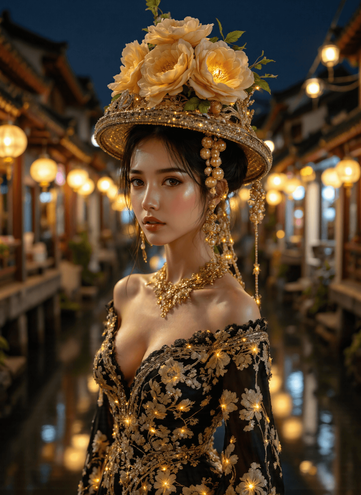 AI generated: The image depicts an Asian woman standing in a canal at night, surrounded by traditional architectur...