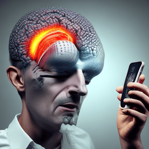 AI generated: man with a Futuristic iPhone fused to his brain, full body Blender 3D art, intense, shocking, psycho...