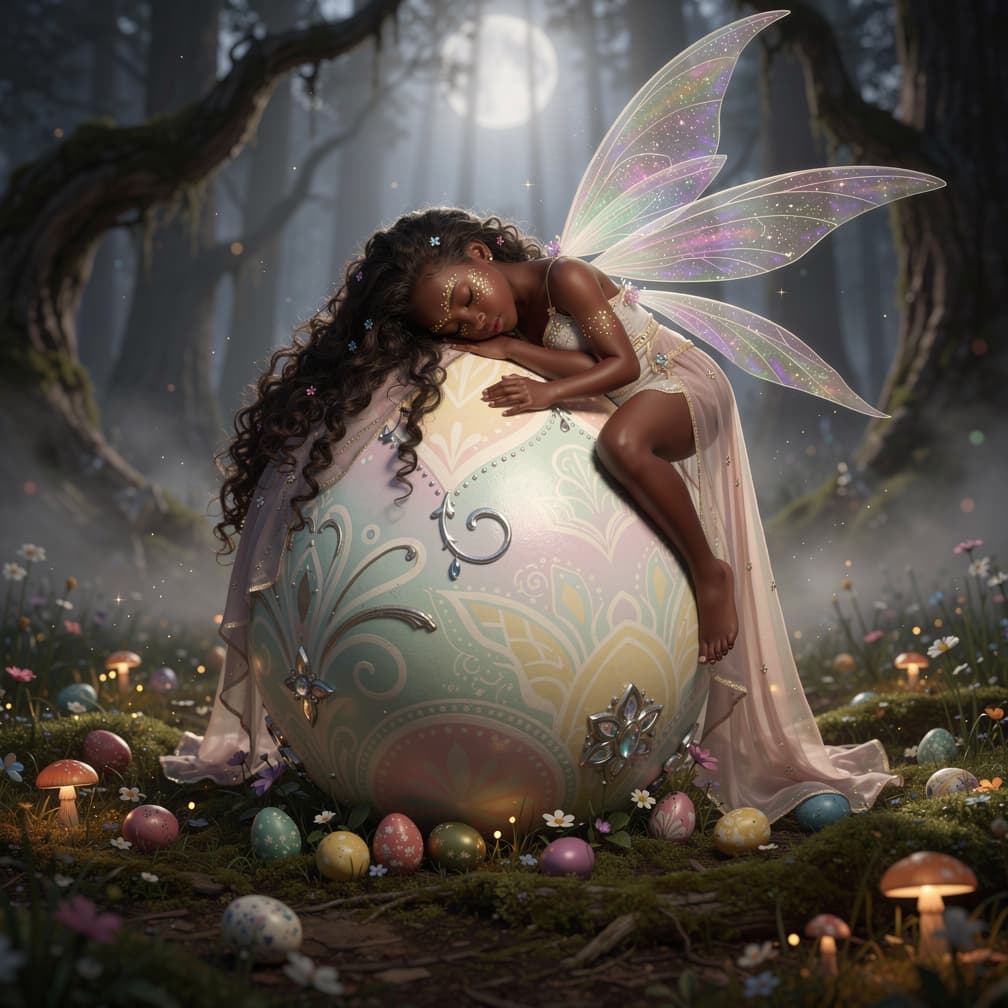AI generated: hyper-realistic fantasy image of a drak-brown-skinned farie in a gauzy dress is laying on a huge eas...