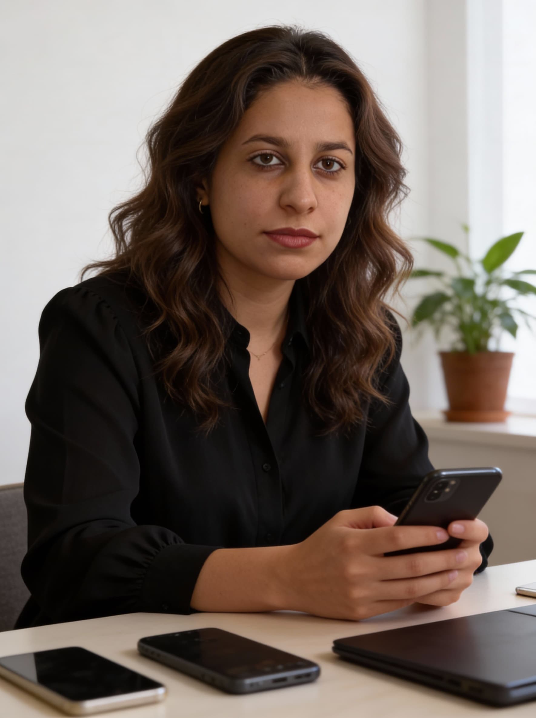 AI generated: Indoor portrait of a woman with wavy brown hair, holding a smartphone, black blouse, devices on tabl...