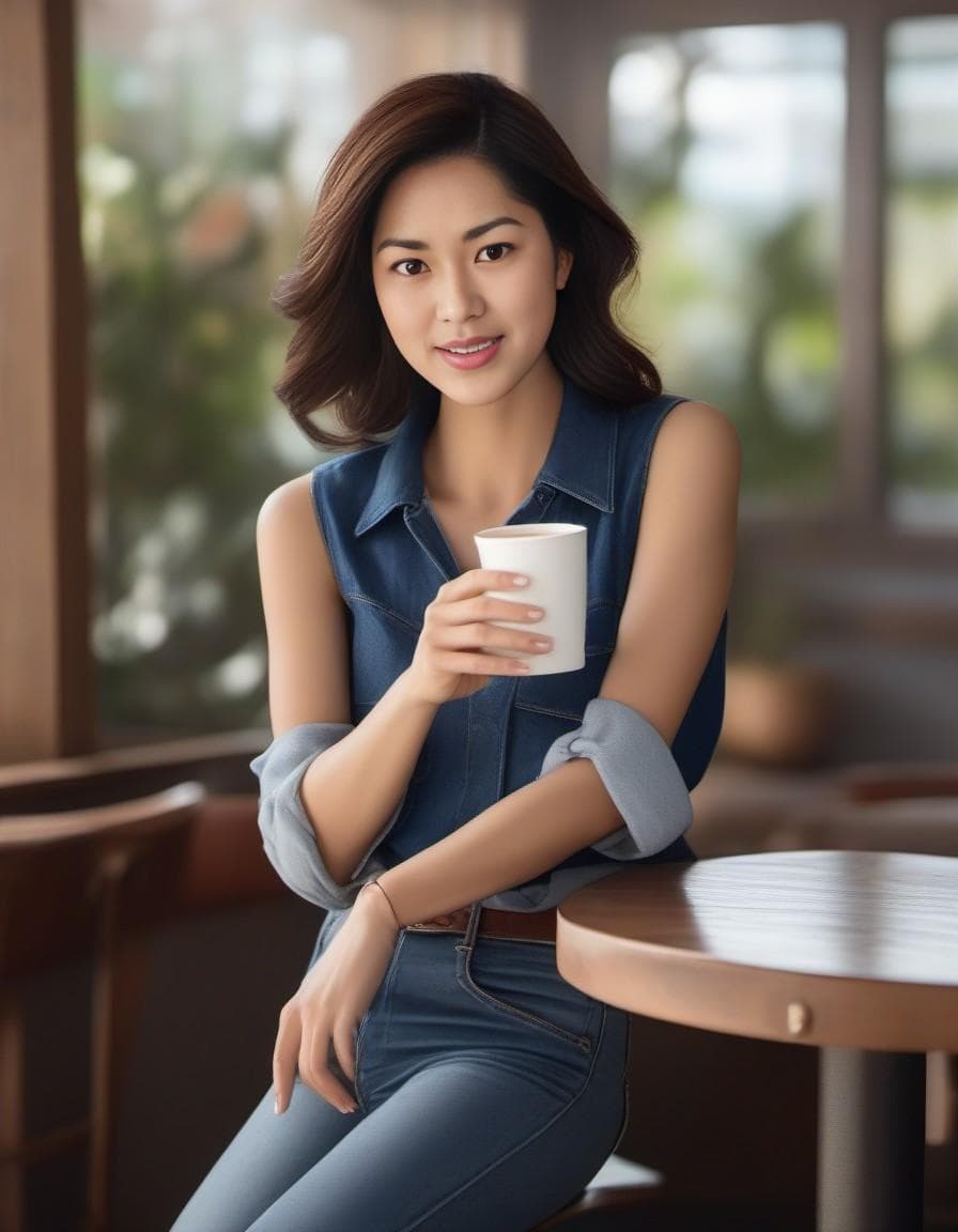 AI generated: A photorealistic image of a woman in a stylish denim ensemble. She wears a sleeveless, form-fitting ...