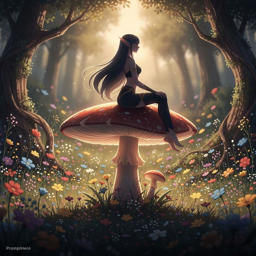 AI generated: A naked female elf with small breasts sitting on top of a huge mushroom.  The surrounding trees are ...