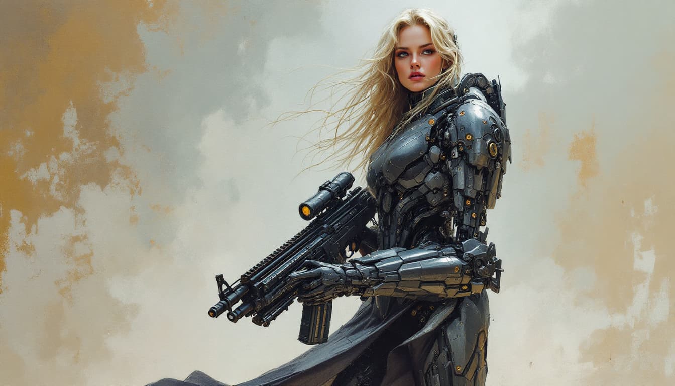 AI generated: Oil painting, full body, head to toe, beautiful European blonde female cyborg warrior in a heavily p...