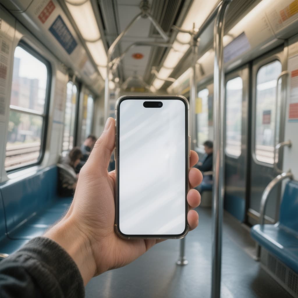 AI generated: First-person POV of a person holding a smartphone horizontally with one hand inside a subway train, ...