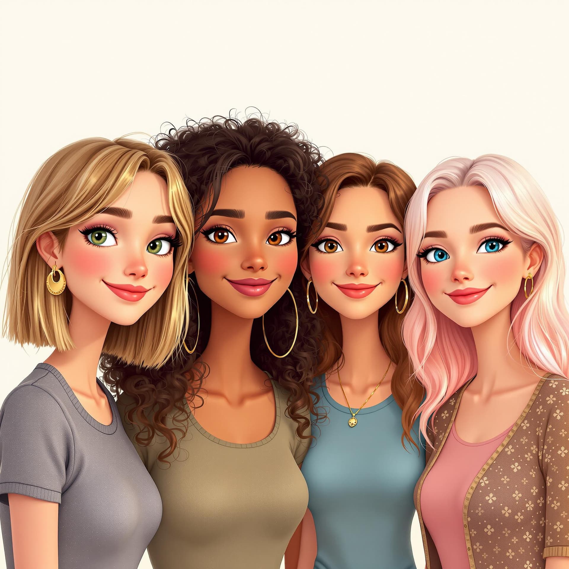AI generated: Generates an illustration Pixar style image of four girls, friends in their 30s;
One is: Light brown...