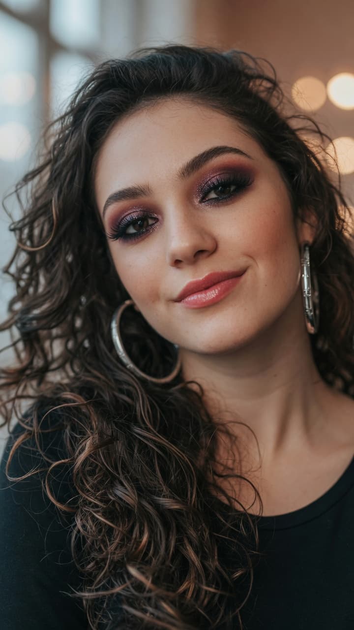 AI generated: Ultra-realistic portrait photography of a beautiful young woman with voluminous, long dark brown cur...