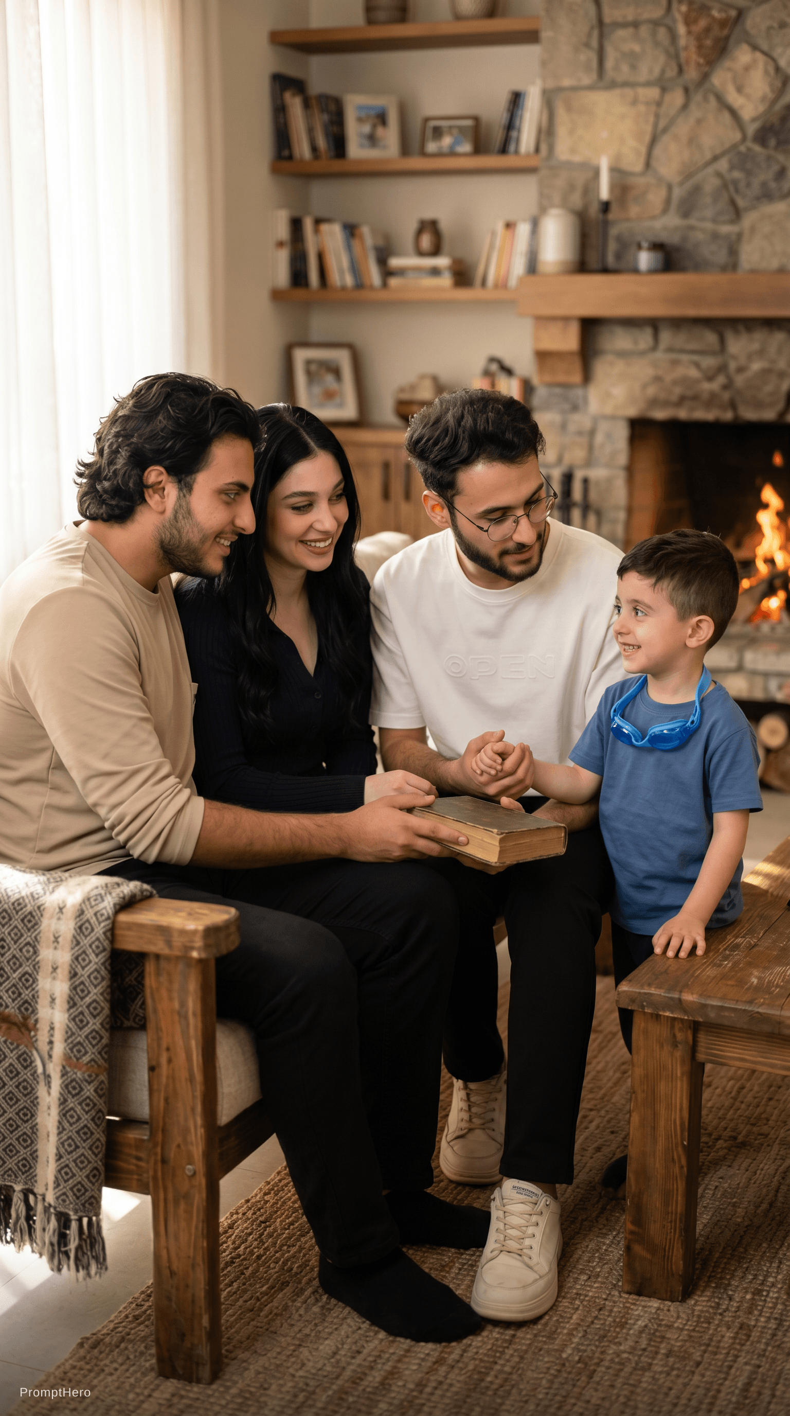 AI generated: Make the people in these reference images sit together in a nice family gathering, united in love an...