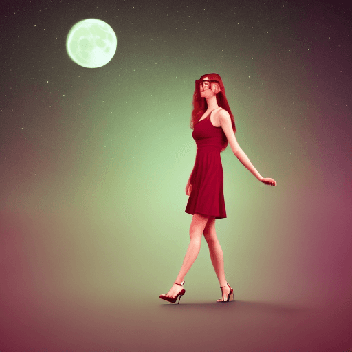 AI generated: Attractive ginger women wearing glasses, sundress, and heels, walking alone at night, full moon, lig...