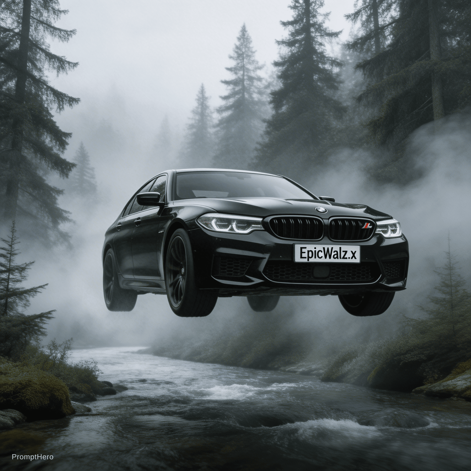 AI generated: CREATE A BMW M5 CAR IS IN FOREST IN FRONT OF RIVER AND BMW M5 WAS JUMP  THE RIVER TO CROSS WITH WHIT...
