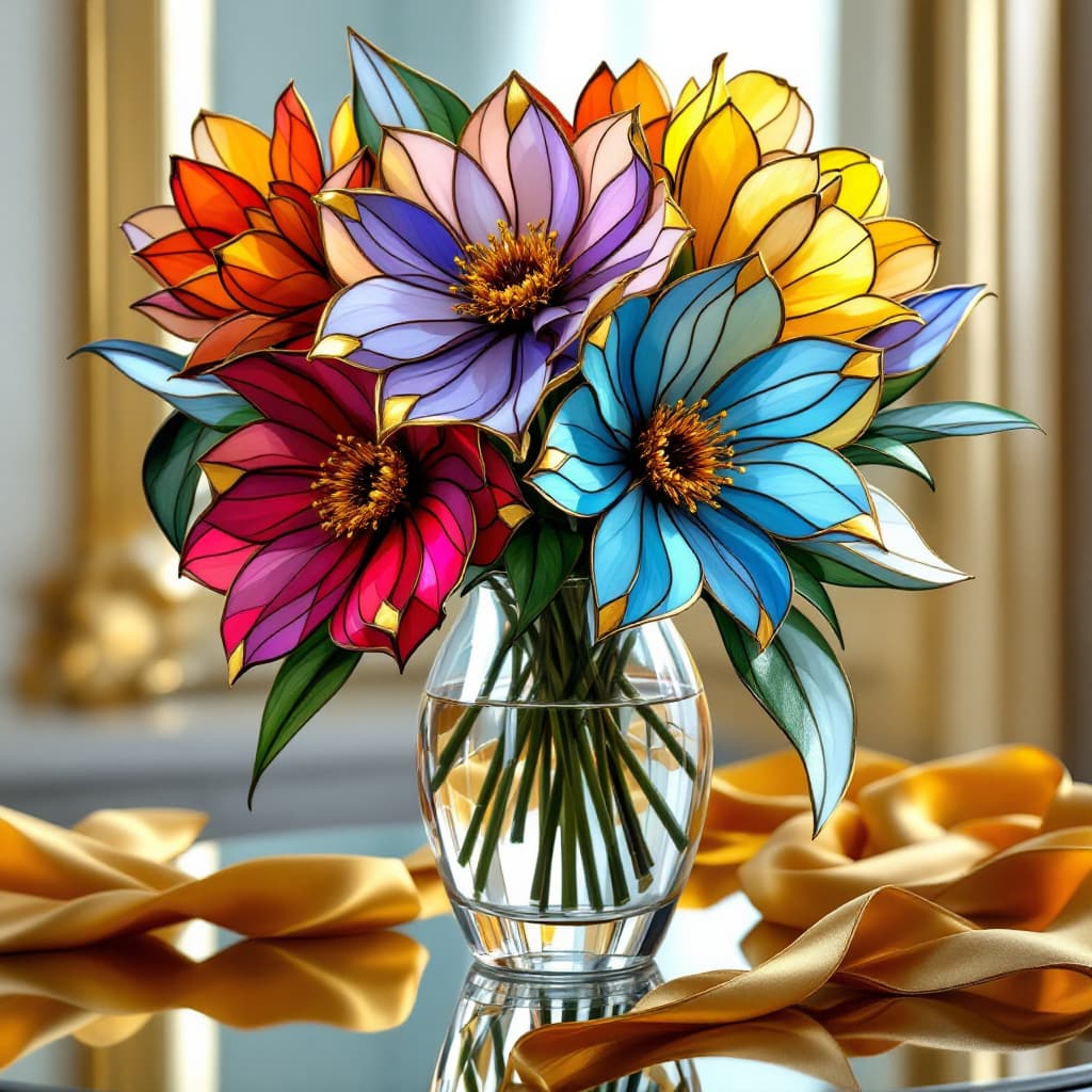 AI generated: Bouquet of Hyper realistic colorful Stained glass flowers with gold trim, sitting in highly transluc...