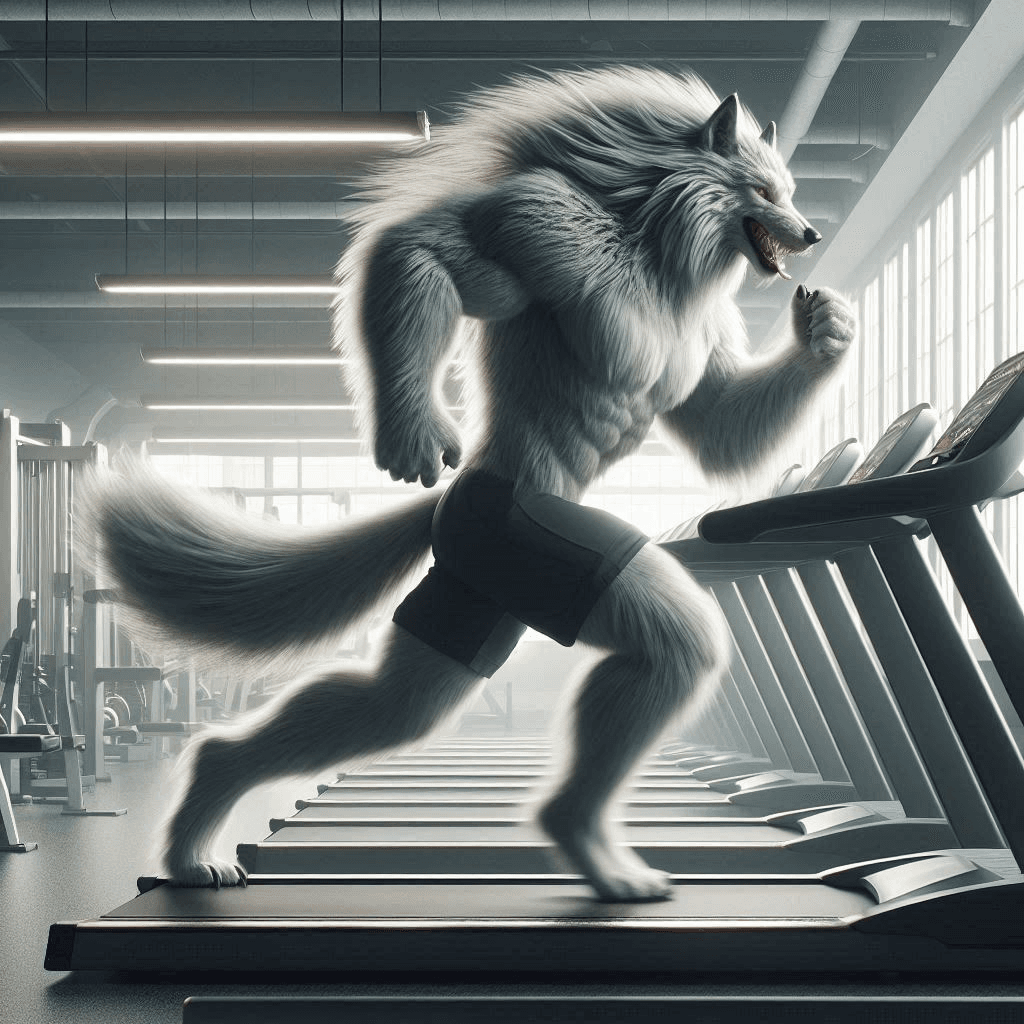 AI generated: Cinematic professional high quality 3D CGI animation of a long-furred wolf man running on a treadmil...
