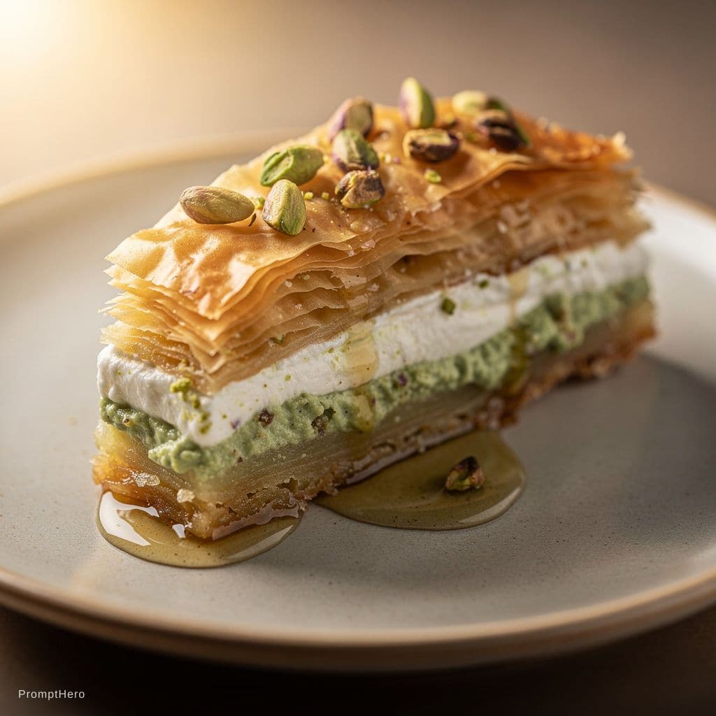 AI generated: slice of baklava, displayed on a plate.  The baklava is layered with flaky, golden-brown phyllo doug...