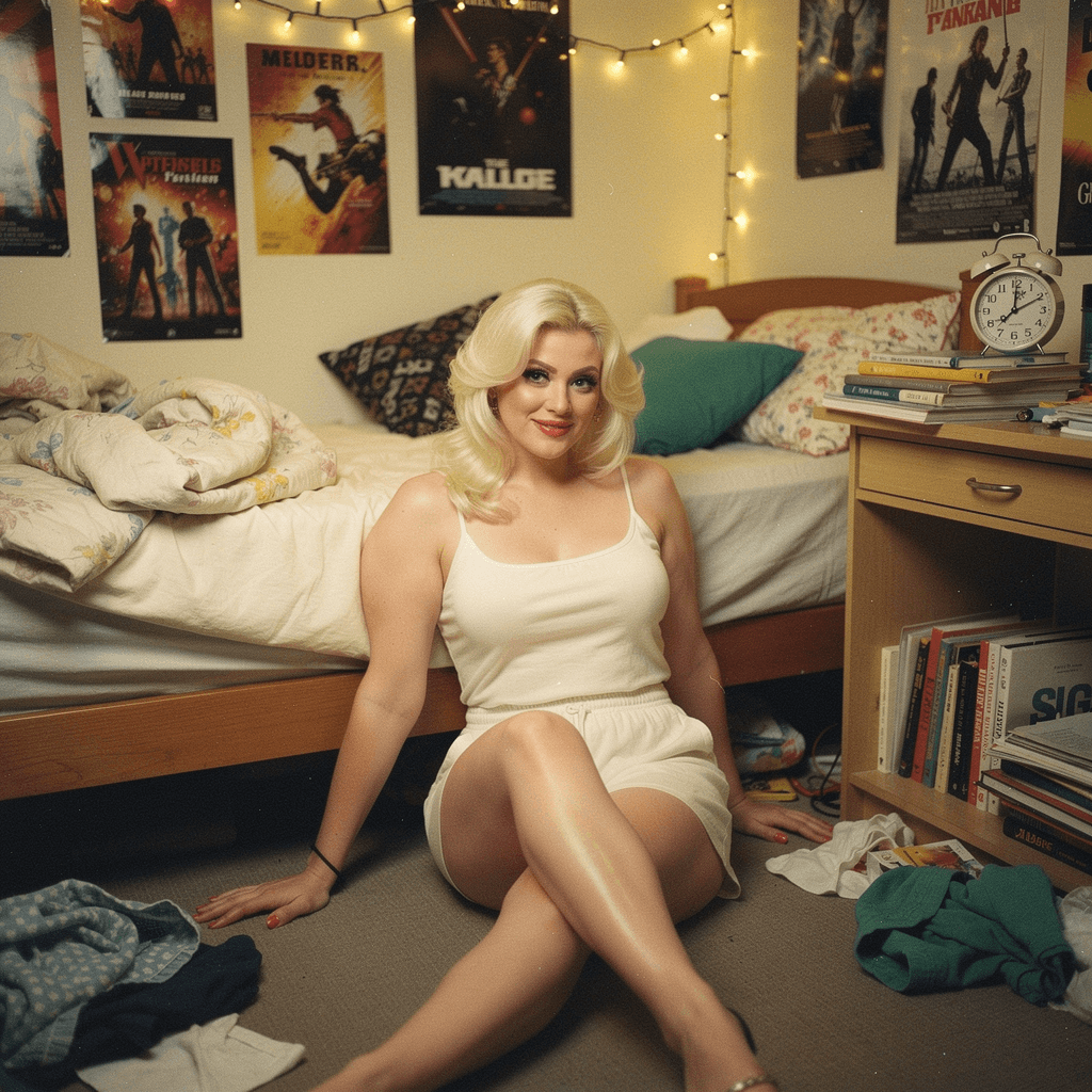 AI generated: A bold retro photograph of a curvy young female with platinum blonde hair and dramatic makeup. She w...