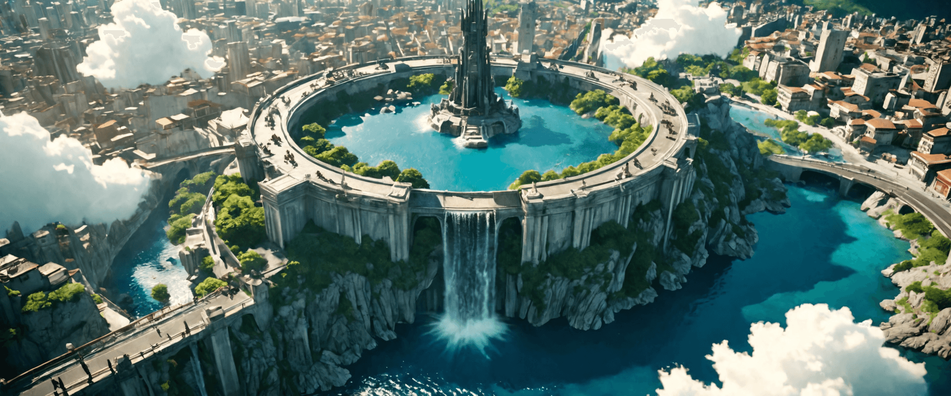 AI generated: analog film photo anime artwork Architectural style a circular kingdom situated in the middle of a b...