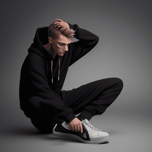 AI generated: capturing a model, man wearing basic hoodie, matte black, dark grey cargo jogger pant, skate shoes, ...