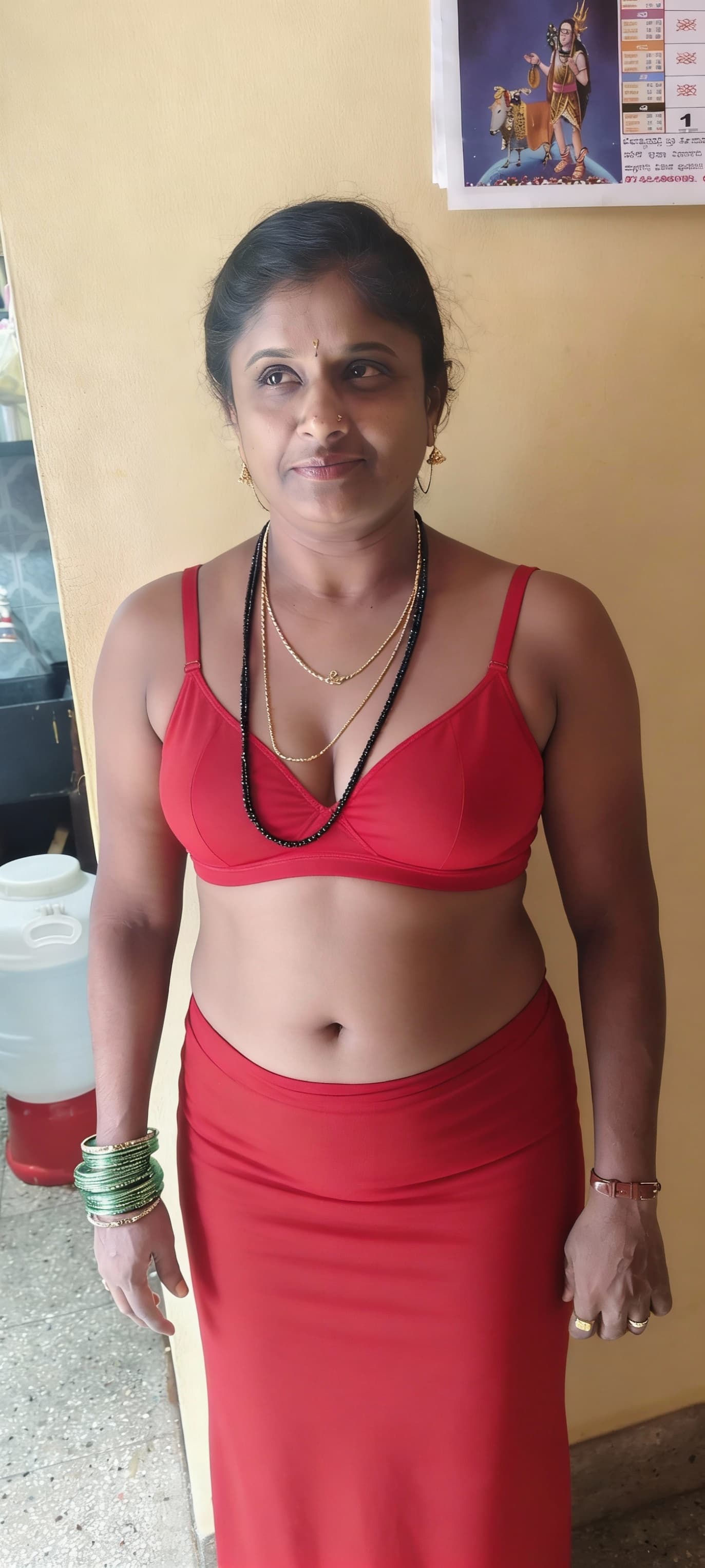 AI generated: Red bra and skirt 40yers old woman 
