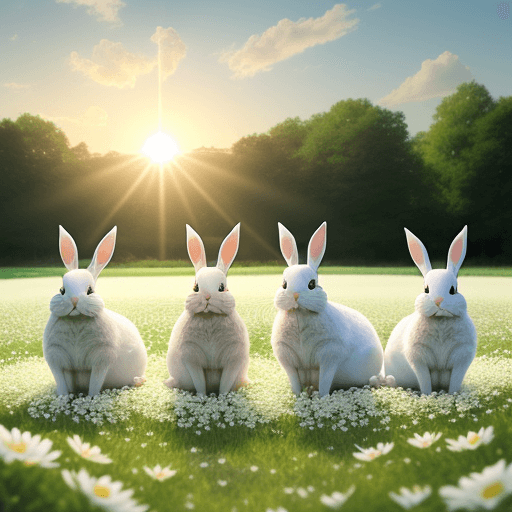 AI generated: four photo-realistic rabbits on a green field with lots of white flowers, sun from behind, sundown, ...
