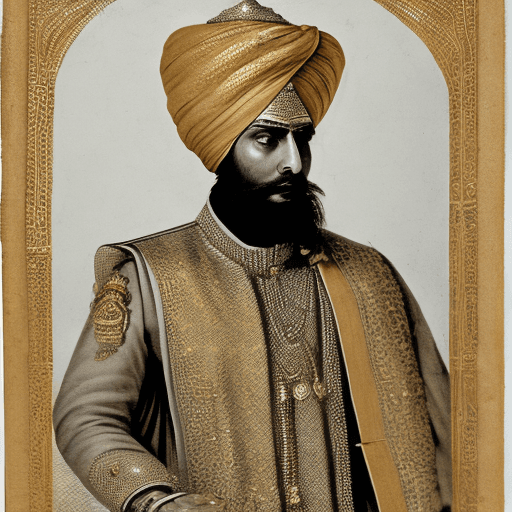 AI generated: 1800s a sikh king, wearing turban and Japanese mecha exoskeleton gundam suit warhammer; long heavy c...