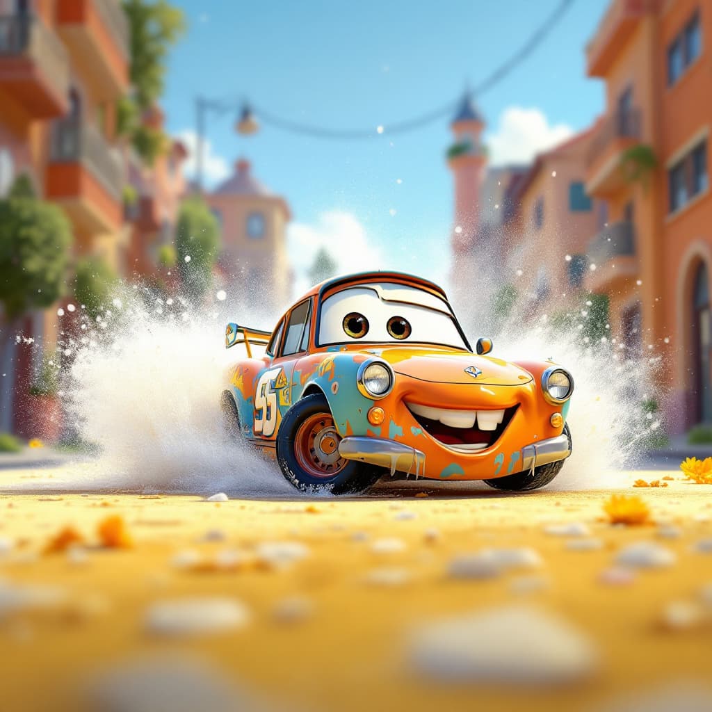 AI generated: auto en el autolavado, estilo pixar