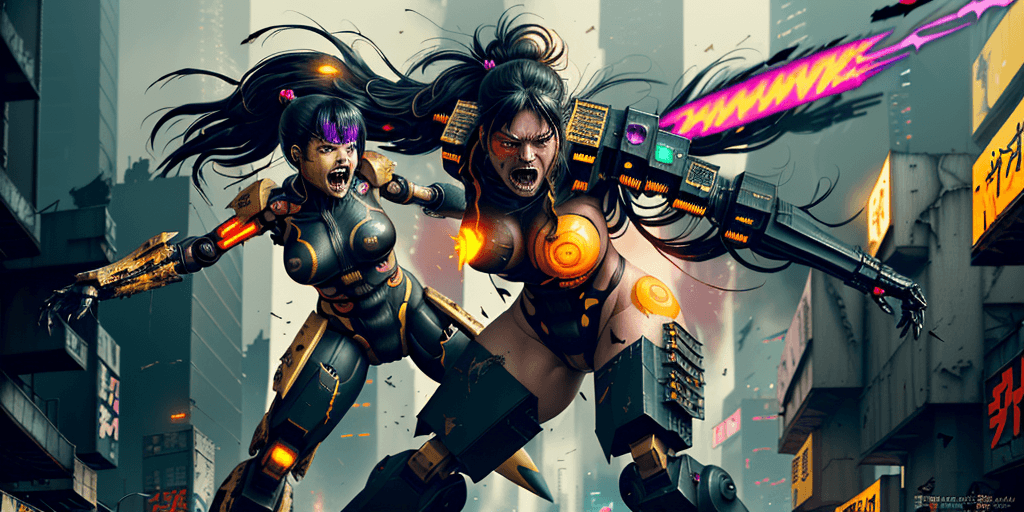 AI generated: painterly style, photorealistic, detailed flying debris, more colorful, a screaming in rage cyberpun...