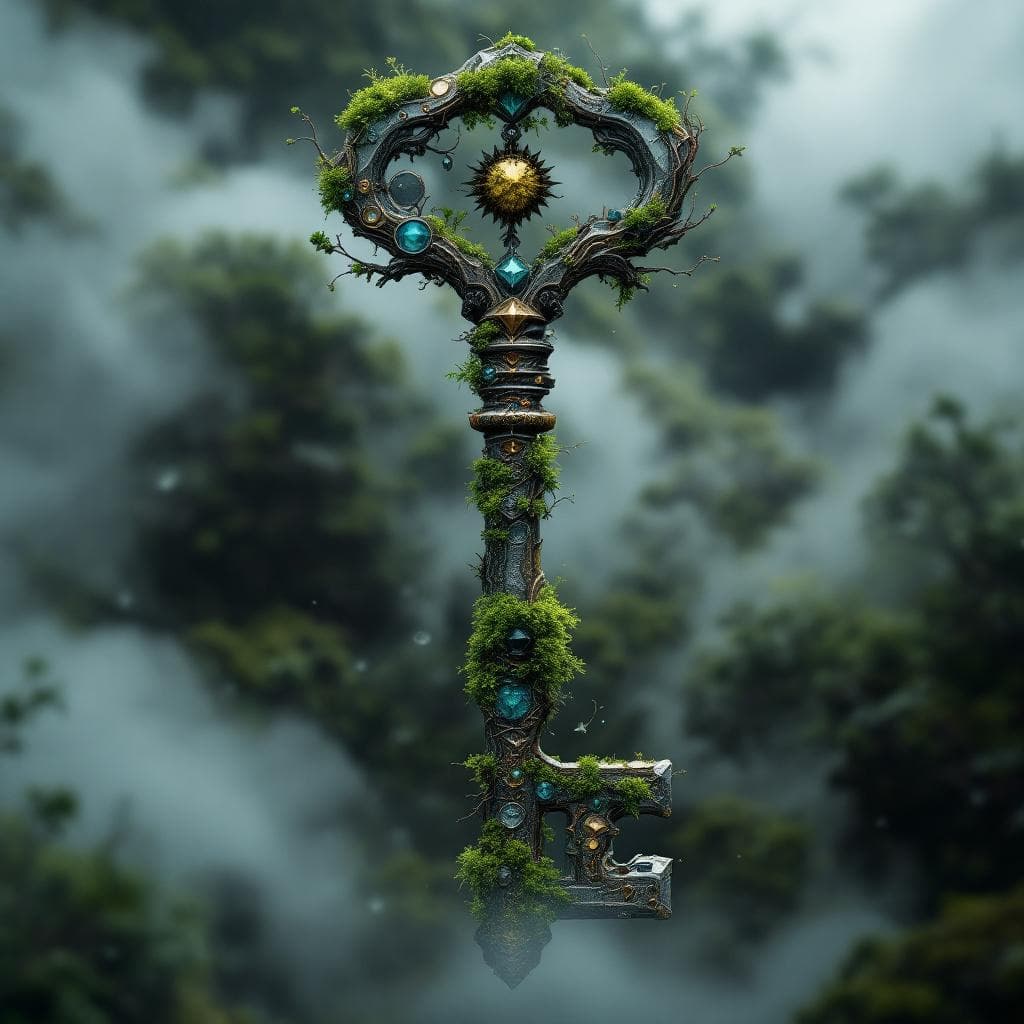 AI generated: Create a key made of Moss Agate with metal and moss at the hilt and the teeth of the key are made ou...
