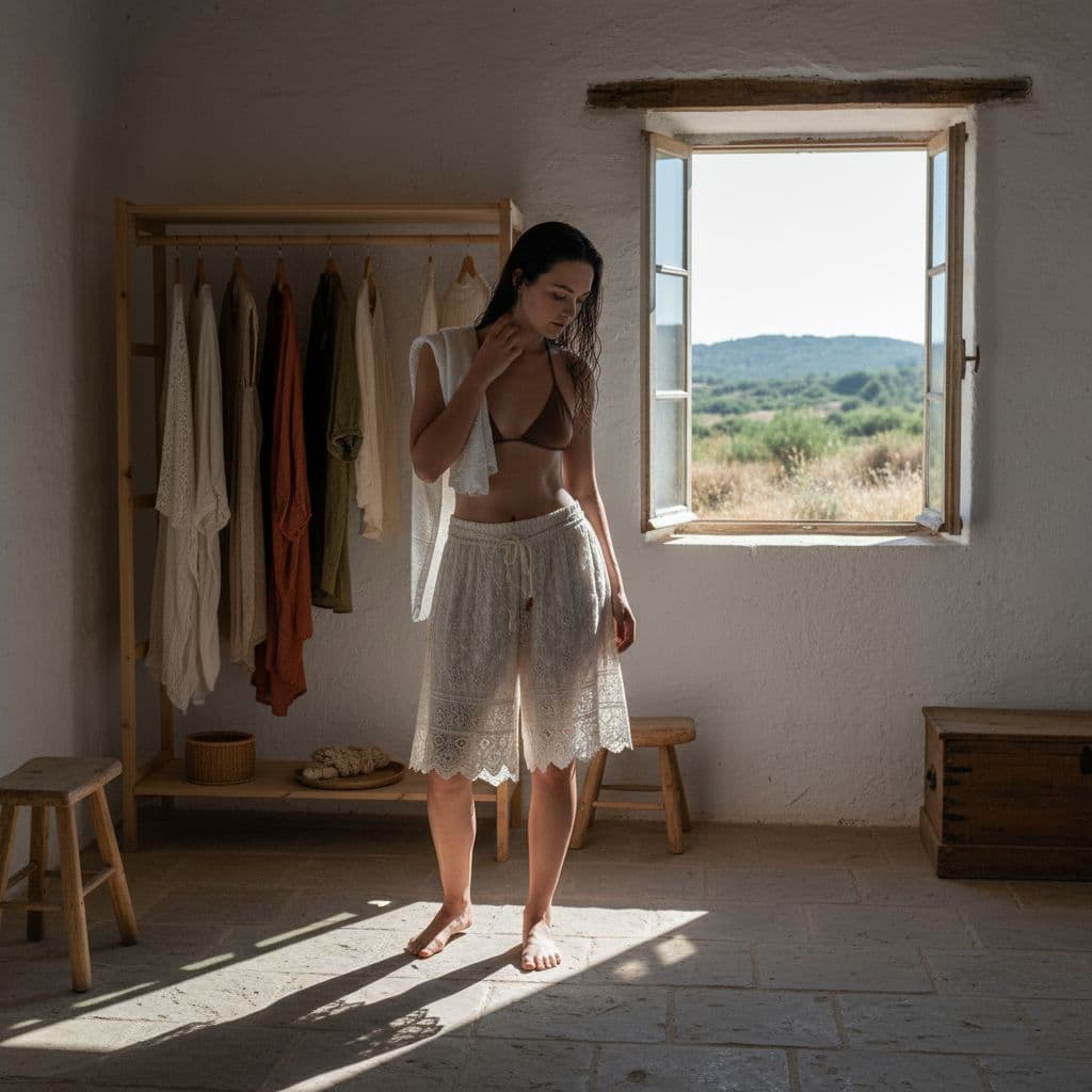 AI generated: A woman with long wet hair stands in a rustic, sunlit room with rough white plaster walls and an ope...