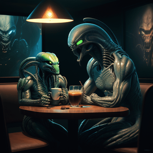 AI generated: Coffee Shop in Space, a Predator from movie Predator (1987) drinking coffee with an Alien from monie...