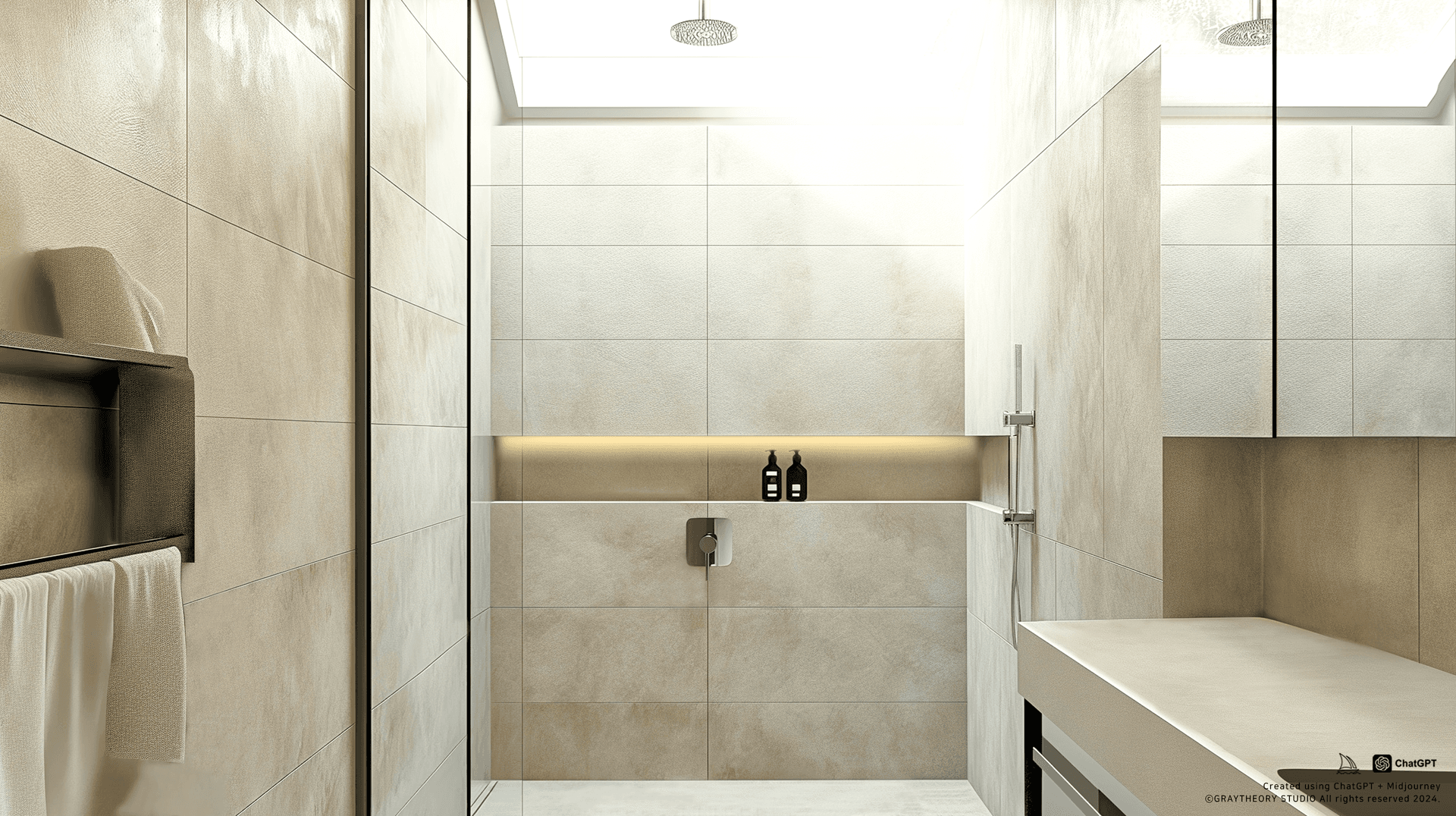 AI generated: Candid shot of a minimalist small bathroom, a cut-out design, square and middle high ceiling, big sl...