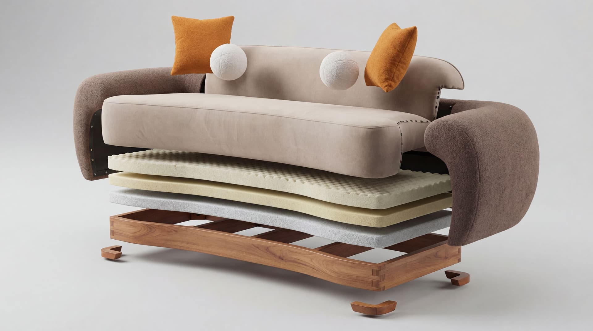 AI generated: A detailed 3D exploded view diagram of a luxury curved sofa. The composition deconstructs the sofa l...