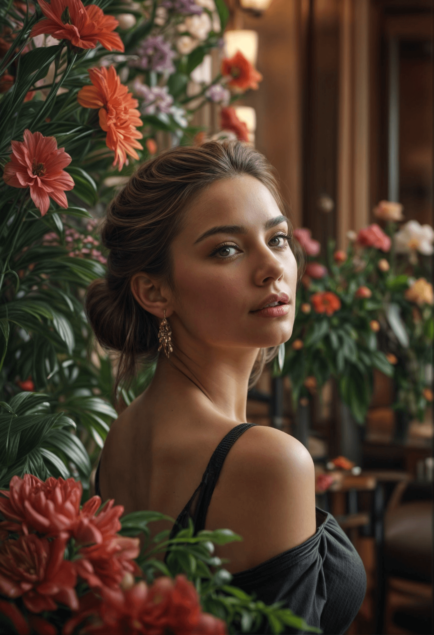AI generated: A photorealistic cinematic scene set in a hotel lobby featuring a stunningly elegant woman. The back...