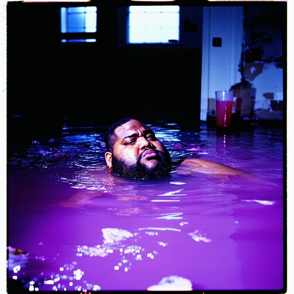 AI generated: grainy 80's photograph quality polaroid of big fat round black man drowning in purple drink caught i...
