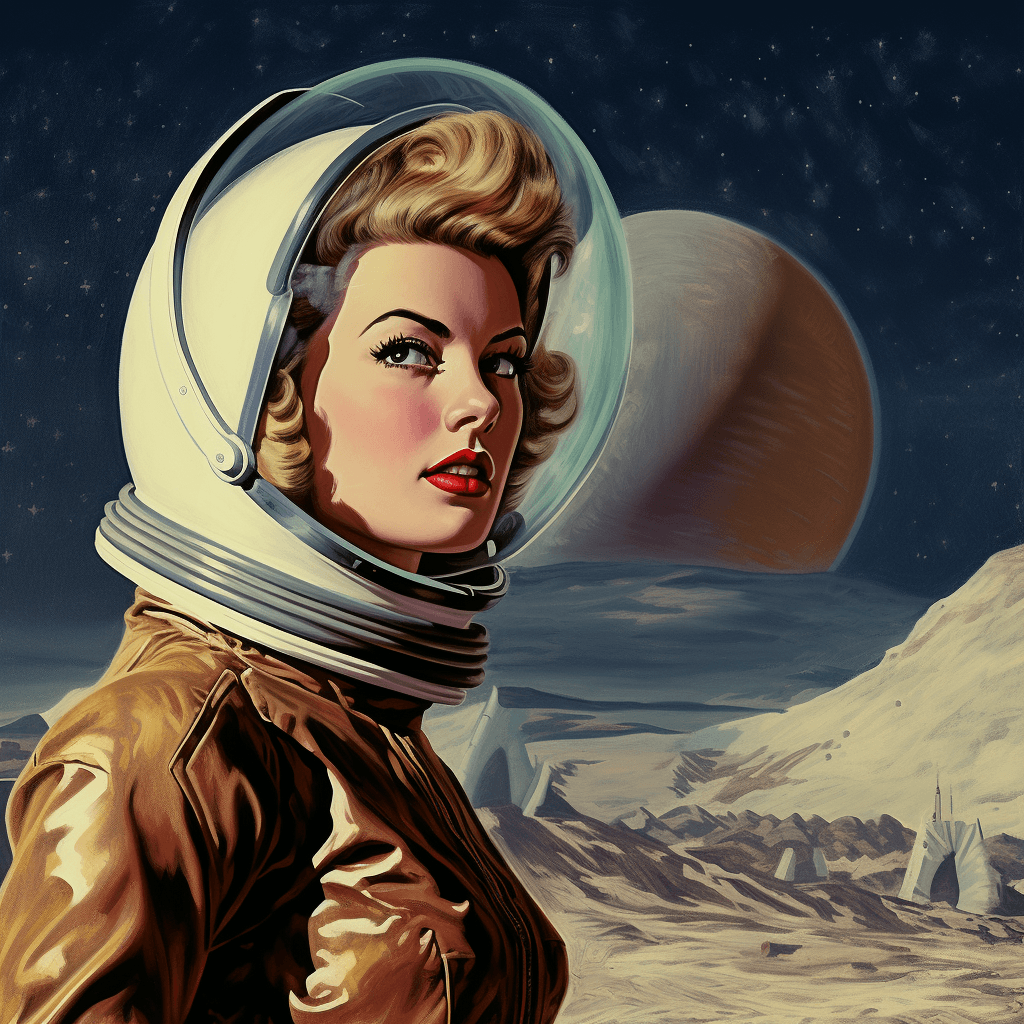 AI generated: first woman on the moon, 1955, wearing helmet
