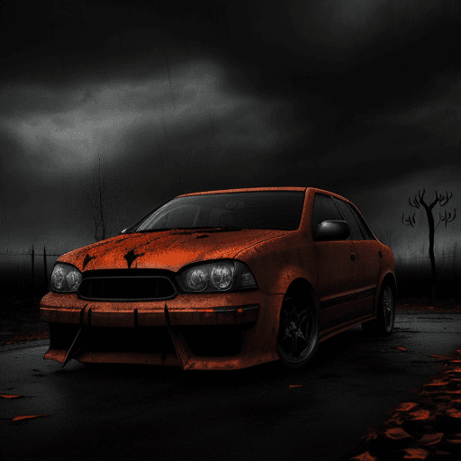AI generated: GRAPHIC rusty color tones, Car Alsvin Changan dark colors, halloween , bats, spiderweb , gothic, dar...