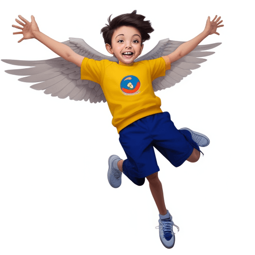 AI generated: FLY for Kids logo with a boy jumping and hands as wings, toquaise shorts