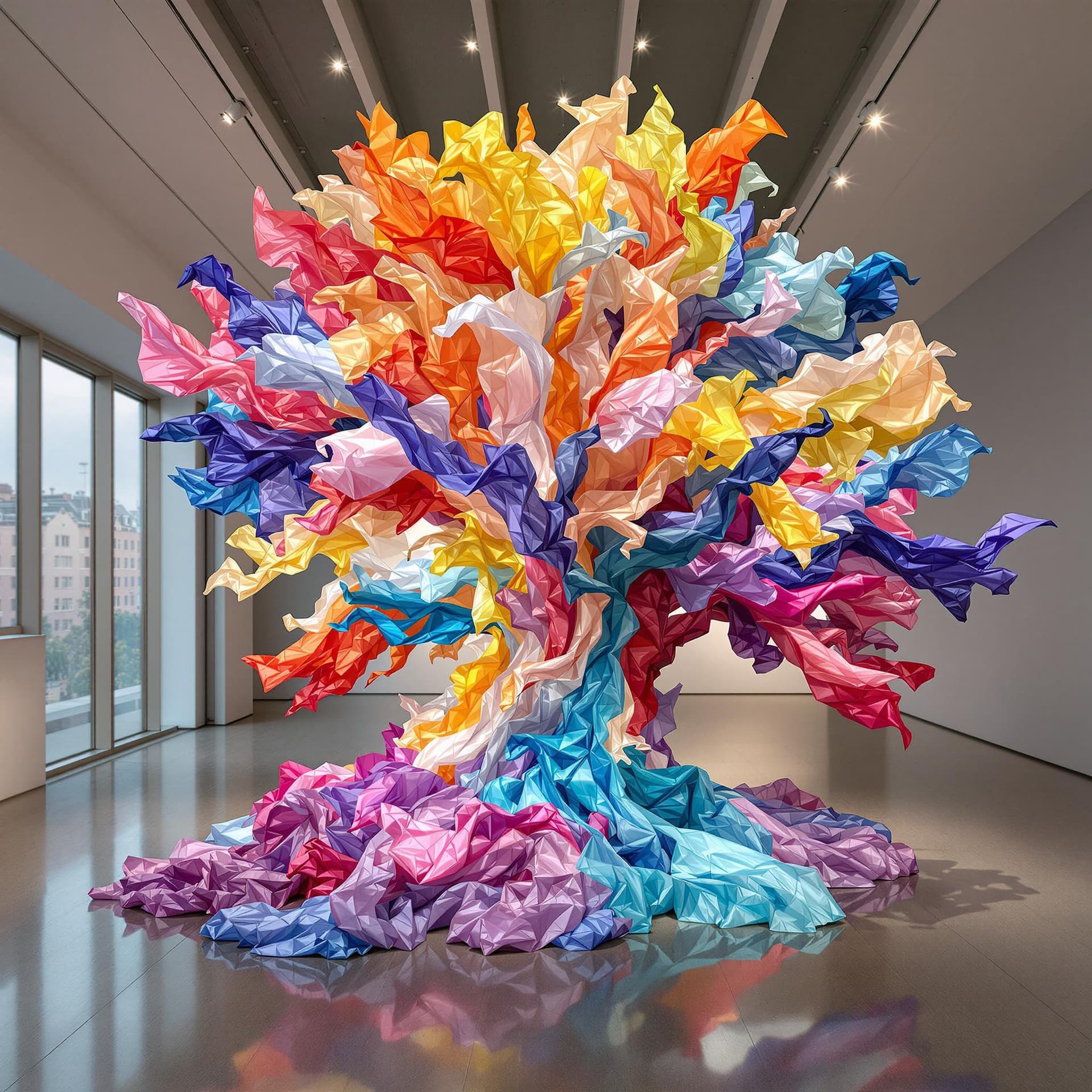 AI generated: 
Spatial design, colorful silk fabric sculpture located in indoor gallery in ethereal tree style, sp...