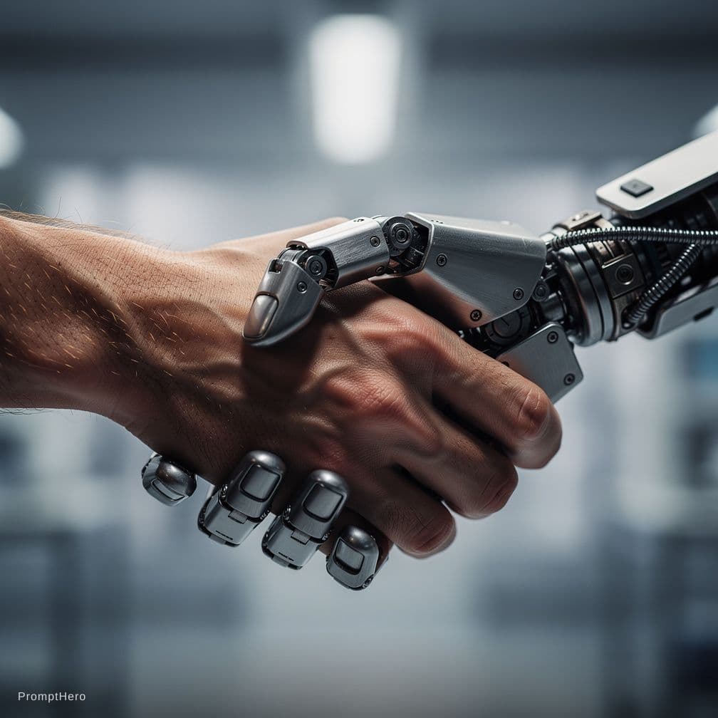 AI generated: MANO DE HUMANO Y MANO DE ROBOT ESTRECHANDOCE 