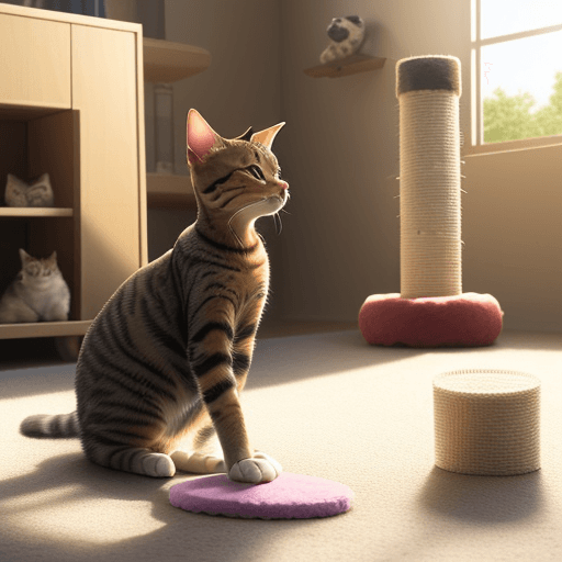 AI generated: a beautiful tabby cat playing with a scratching post of various heights on a sunny day and in the di...