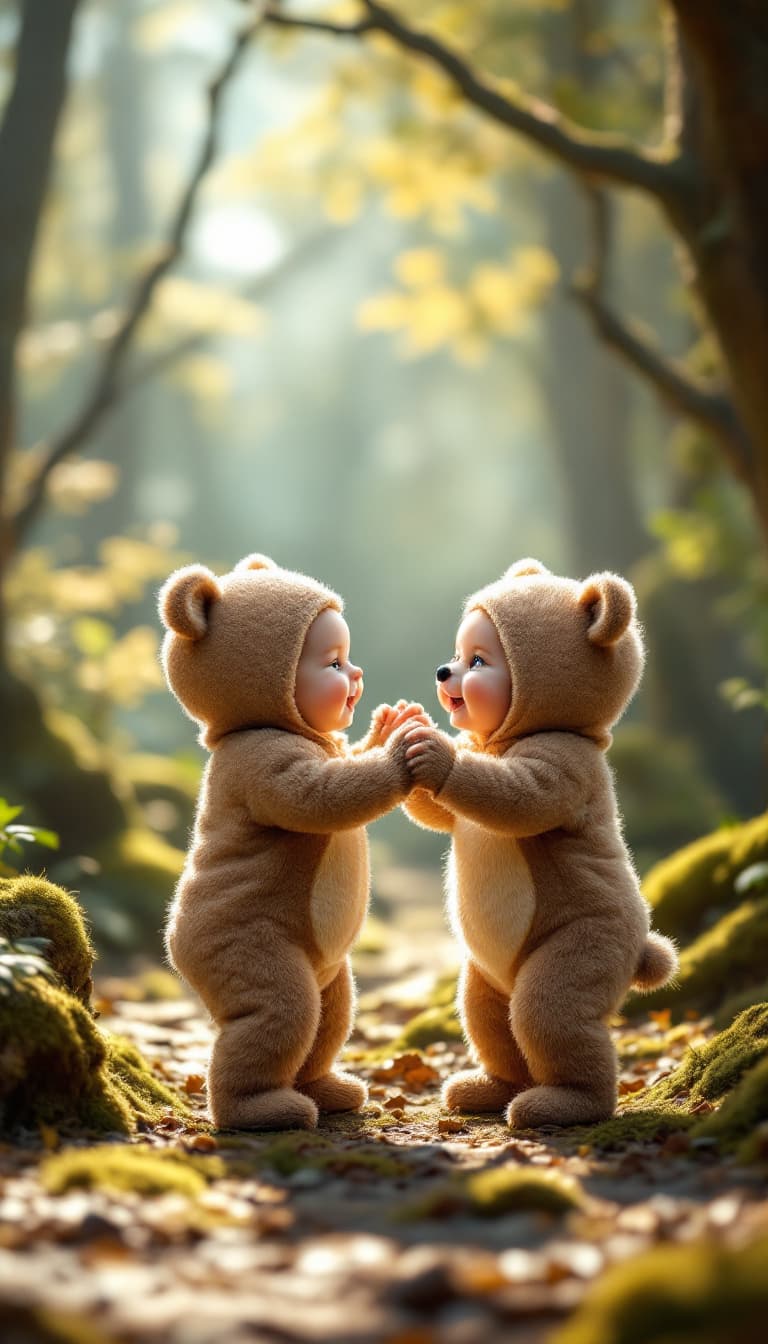 AI generated: A hyper-realistic image of a baby and a bear cub, both the same size; the baby is dressed in a fuzzy...