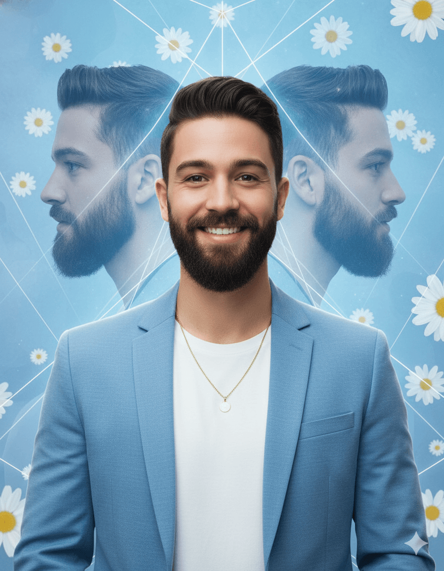 AI generated: A creative triple-exposure portrait of a handsome man with a neatly groomed beard and quiff hairstyl...