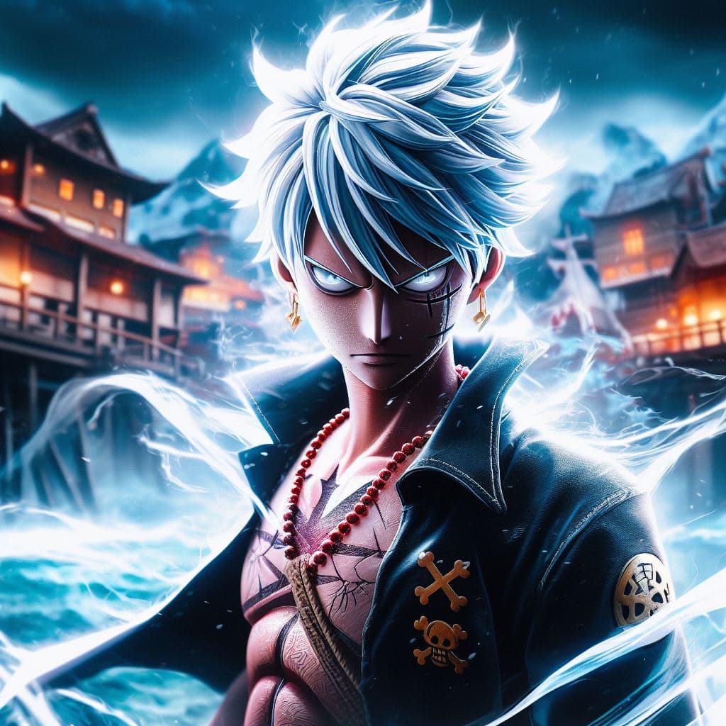 AI generated: a badass Luffy with shiny white hair and white aura around him, shiny white eyes, cross scar on the ...