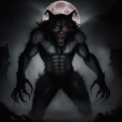 AI generated: "Create a chilling image of an evil werewolf emerging from the depths of hell. The werewolf is a gro...