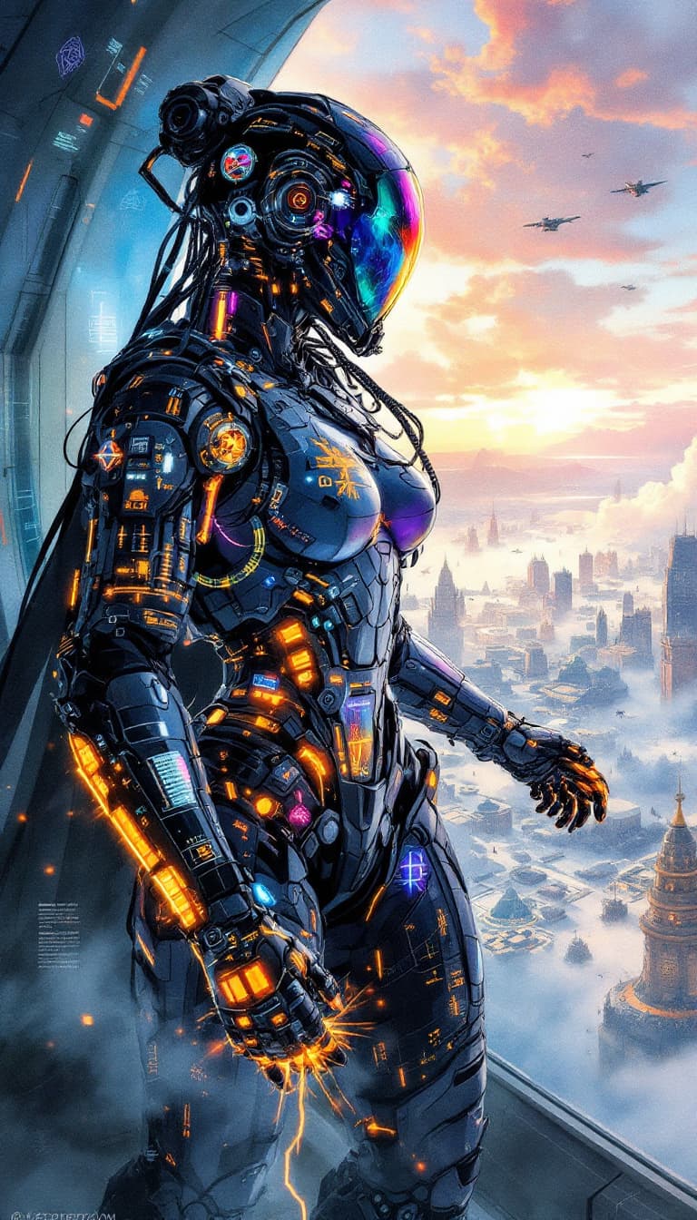 AI generated: Conceptual design: Cybernetic Strategist from the Command Collective. This commanding graffiti-punk ...