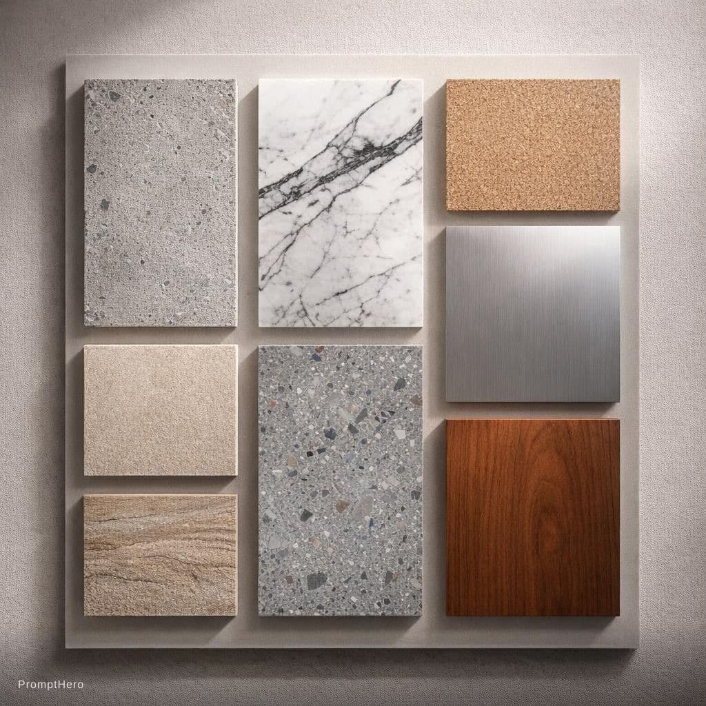 AI generated: detailed shot, photorealistic interior design mood board displaying 8 distinct and sophisticated fin...