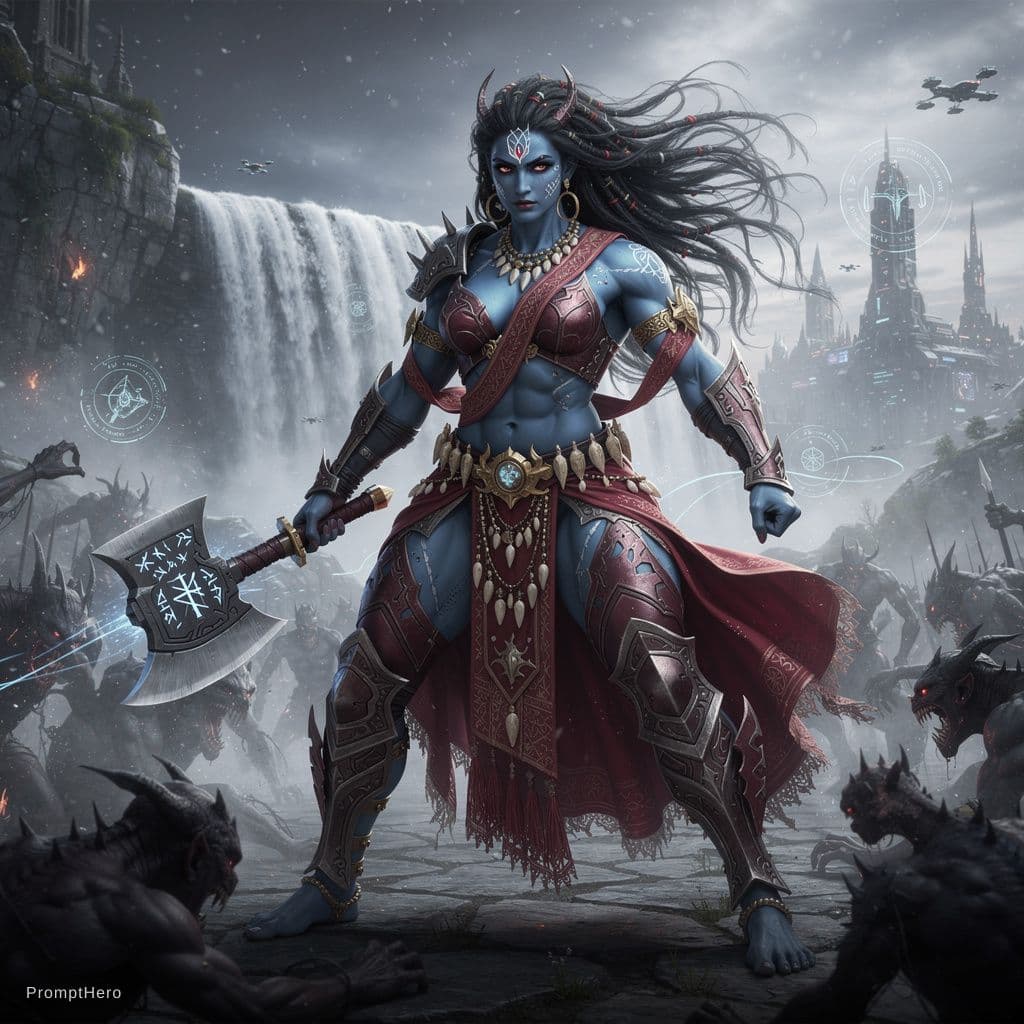 AI generated: Kali is shown with her with full  muscular body blue in color. She is wearning ornaments, red sari i...